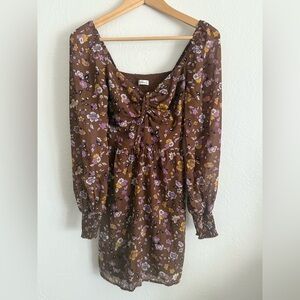New Hollister Brown Floral Dress with Gathered Front